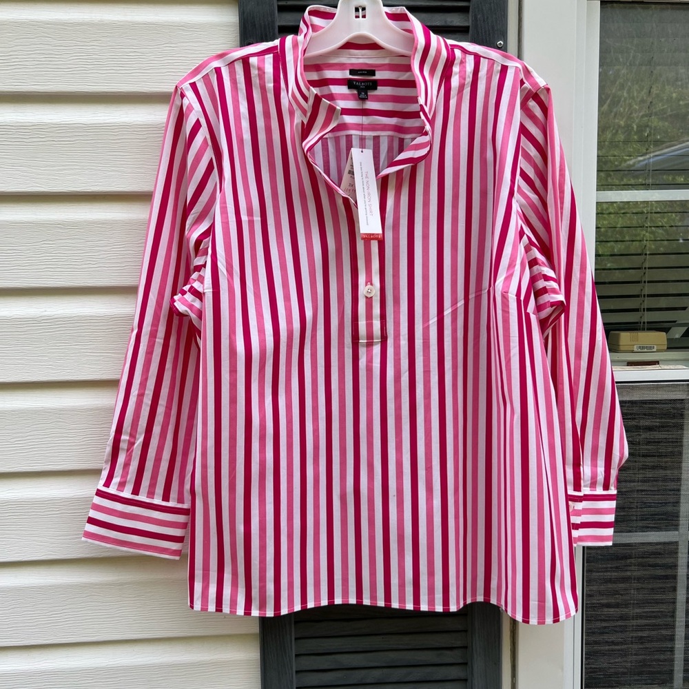 NWT Talbots Wrinkle Resistant Pretty Pinks Stripes Fun Collar Blouse